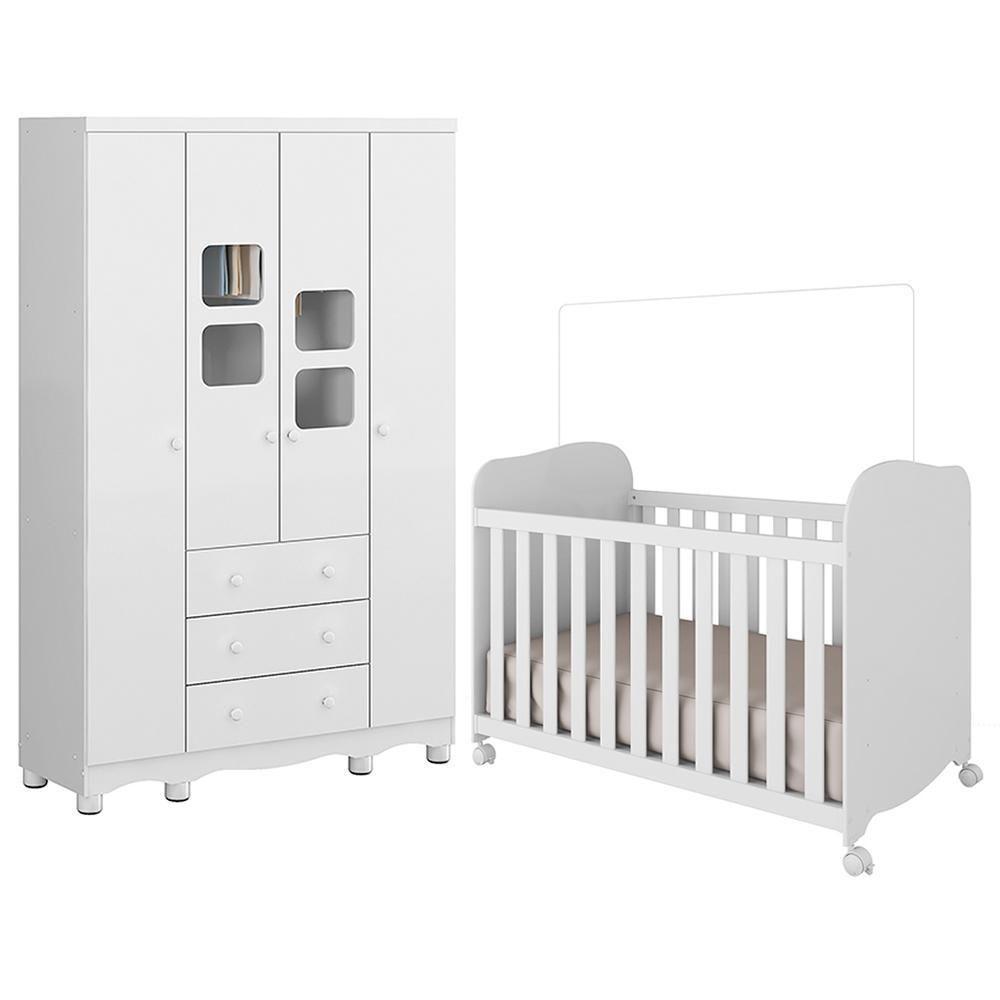 Jogo De Quarto Infantil Uli Guarda Roupa 4 Portas E Berço Branco Brilho - Móveis Peroba - 1