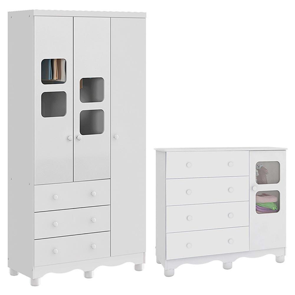 Jogo De Quarto Infantil Uli Guarda Roupa 3 Portas E Cômoda Branco Brilho - Móveis Peroba - 1