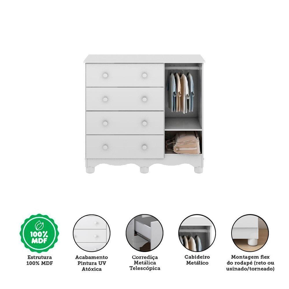 Jogo De Quarto Infantil Uli Guarda Roupa 3 Portas E Cômoda Branco Brilho - Móveis Peroba - 5
