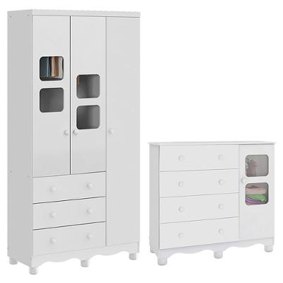 Jogo De Quarto Infantil Uli Guarda Roupa 3 Portas E Cômoda Branco Brilho - Móveis Peroba