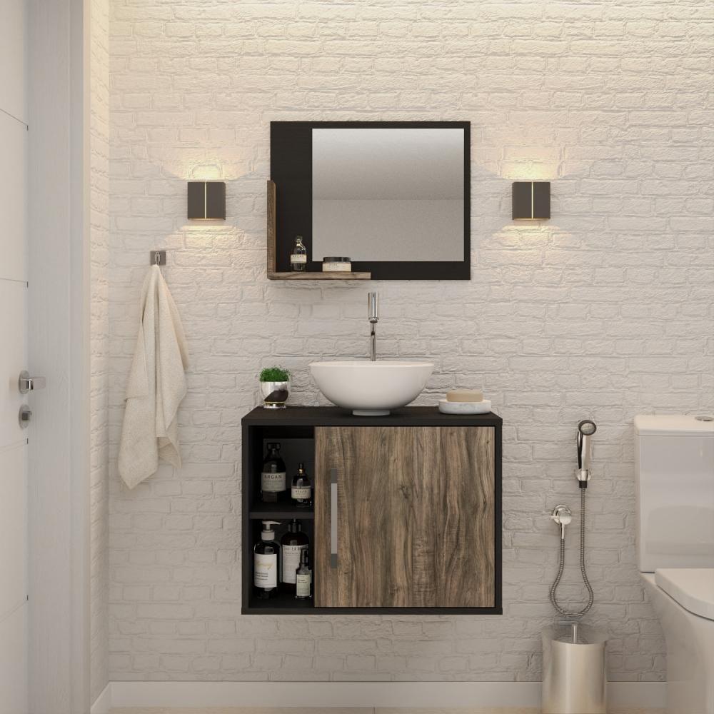 Conjunto Balcão C-cuba R30 E Espelheira Soft 600 Preto ônix C-carvalho Preto ônix C-carvalho Dark - 1