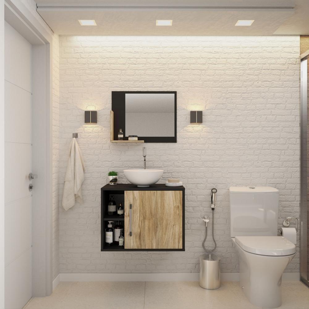 Conjunto Balcão C-cuba R30 E Espelheira Soft 600 Preto ônix C-branco Chess Preto ônix C-carvalho - 1