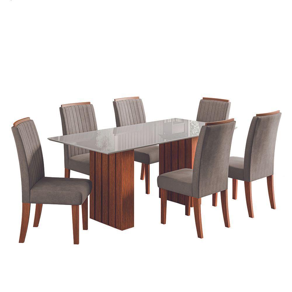 Conjunto De Mesa Sala De Jantar Ripada Tampo Com Vidro Santiago 1,80m 6 Cadeiras Grécia Dobuê Madeirado Mascavo - 1