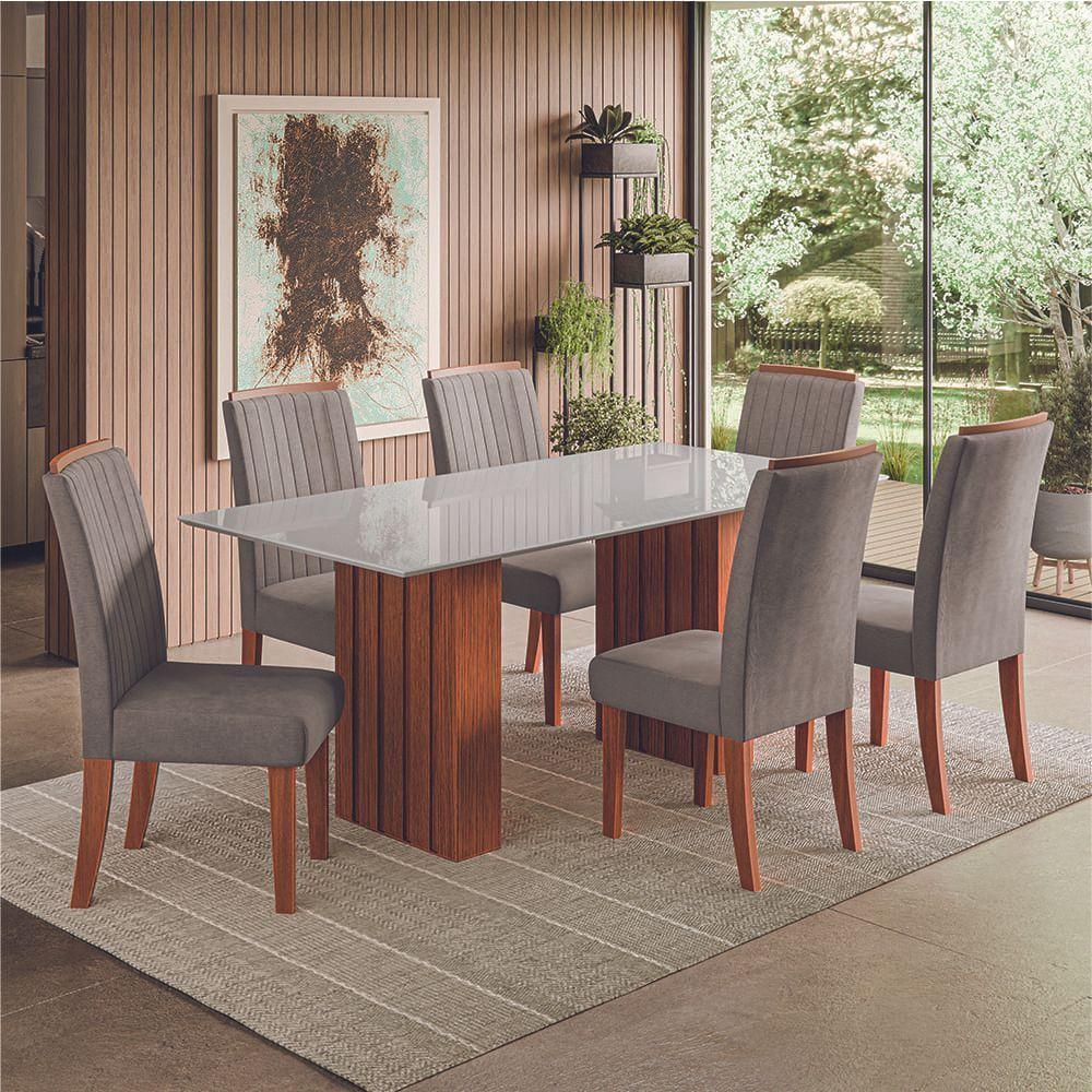 Conjunto De Mesa Sala De Jantar Ripada Tampo Com Vidro Santiago 1,80m 6 Cadeiras Grécia Dobuê Madeirado Mascavo - 2