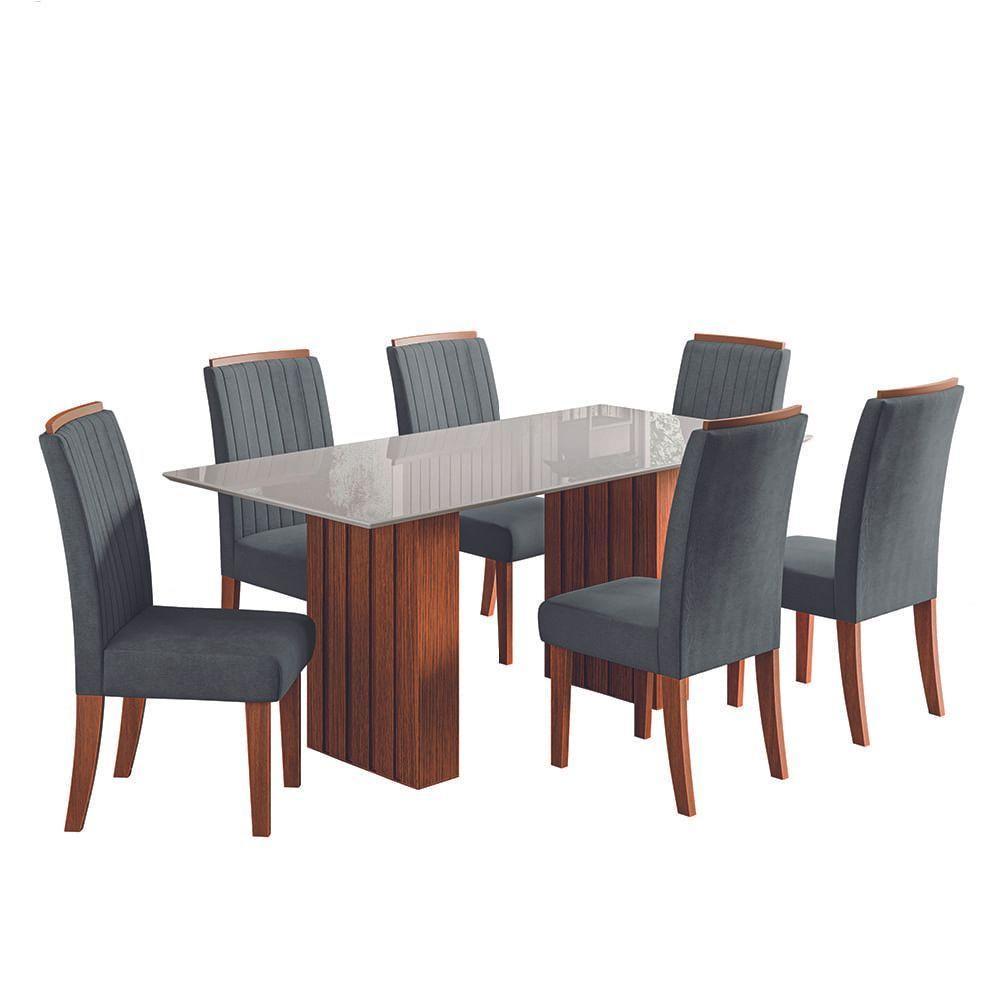 Conjunto De Mesa Sala De Jantar Ripada Tampo Com Vidro Santiago 1,80m 6 Cadeiras Grécia Dobuê Madeirado/Grafite - 1