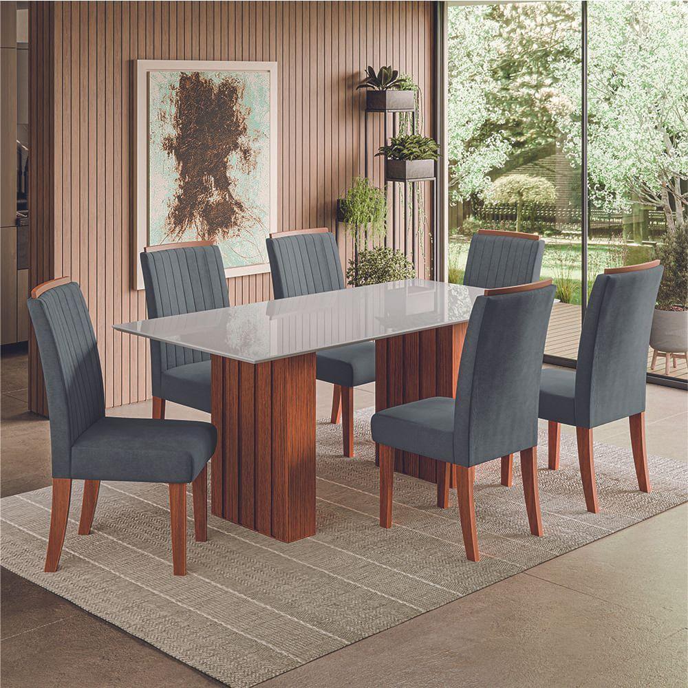 Conjunto De Mesa Sala De Jantar Ripada Tampo Com Vidro Santiago 1,80m 6 Cadeiras Grécia Dobuê Madeirado/Grafite - 6