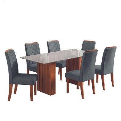 Conjunto de Mesa Jantar Santiago 6 Lugares Tampo em MDF com Vidro Amadeirado e Grafite 1 e 80m