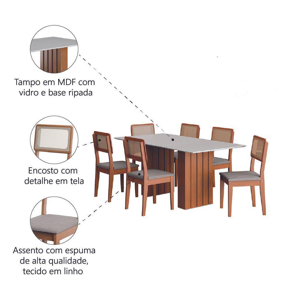 Conjunto De Mesa Sala De Jantar Ripada Tampo Com Vidro 1,80m 6 Cadeiras Santiago Dobuê Madeirado Off White - 5