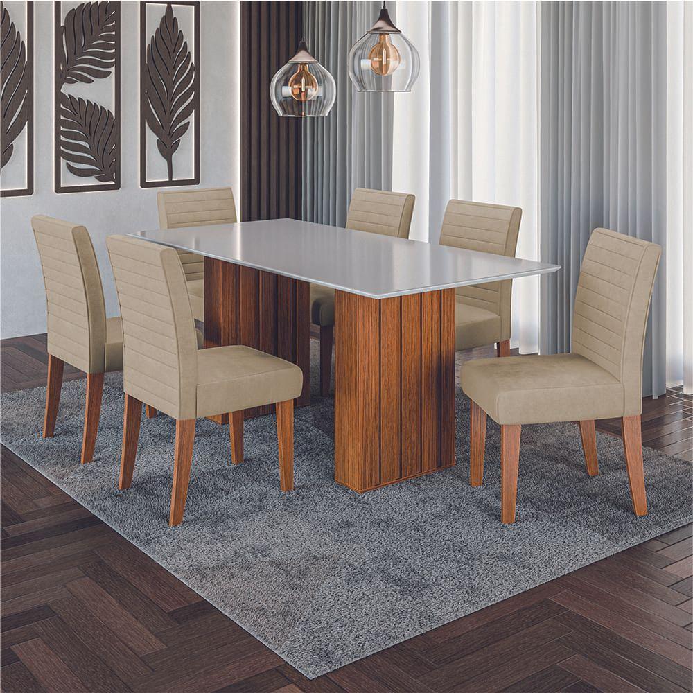Conjunto De Mesa Sala De Jantar Ripada Tampo Com Vidro Santiago 1,80m 6 Cadeiras Creta Dobuê Madeirado / Bege - 2