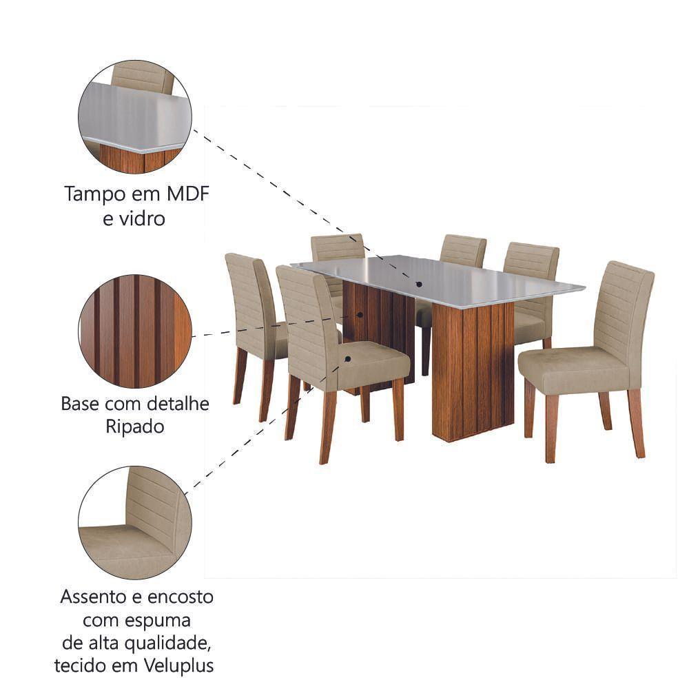 Conjunto De Mesa Sala De Jantar Ripada Tampo Com Vidro Santiago 1,80m 6 Cadeiras Creta Dobuê Madeirado / Bege - 5