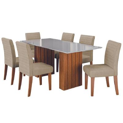 Conjunto De Mesa Sala De Jantar Ripada Tampo Com Vidro Santiago 1,80m 6 Cadeiras Creta Dobuê Madeirado / Bege