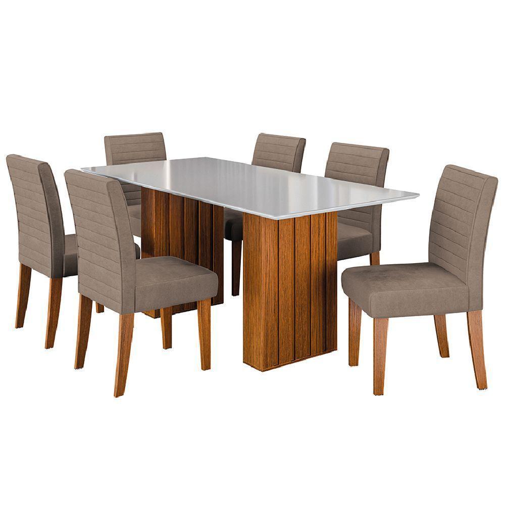 Conjunto Mesa De Jantar 1,80m Ripada Com Vidro 6 Cadeiras Creta - Dobuê - Madeirado/Mascavo - 1
