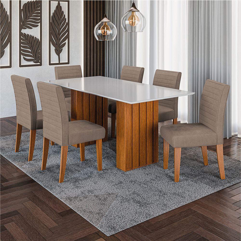 Conjunto Mesa De Jantar 1,80m Ripada Com Vidro 6 Cadeiras Creta - Dobuê - Madeirado/Mascavo - 2