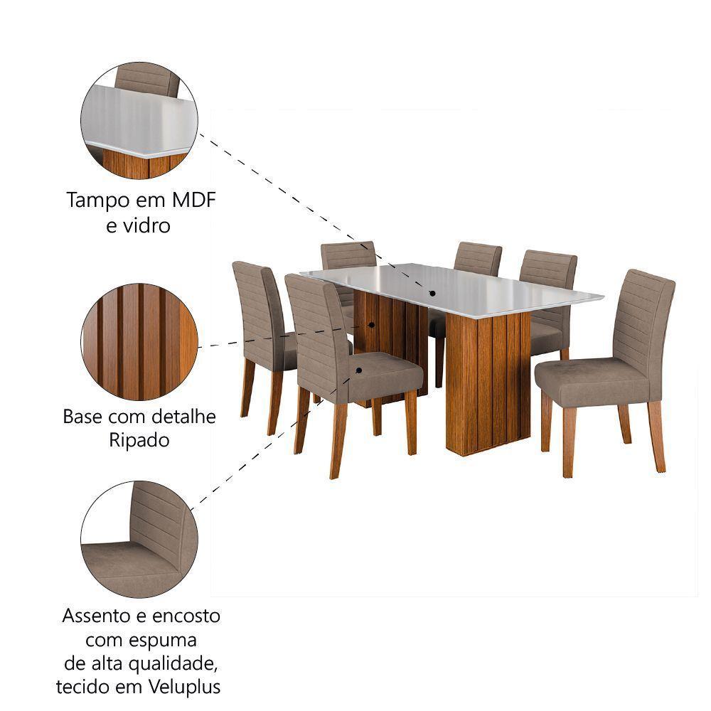 Conjunto Mesa De Jantar 1,80m Ripada Com Vidro 6 Cadeiras Creta - Dobuê - Madeirado/Mascavo - 5