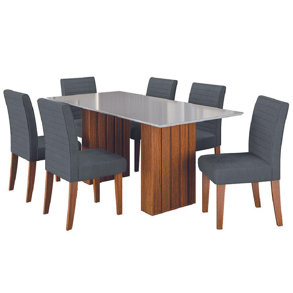 Conjunto De Mesa Sala De Jantar Ripada Tampo Com Vidro Santiago 1,80m 6 Cadeiras Creta Dobuê Madeirado/grafite - 1
