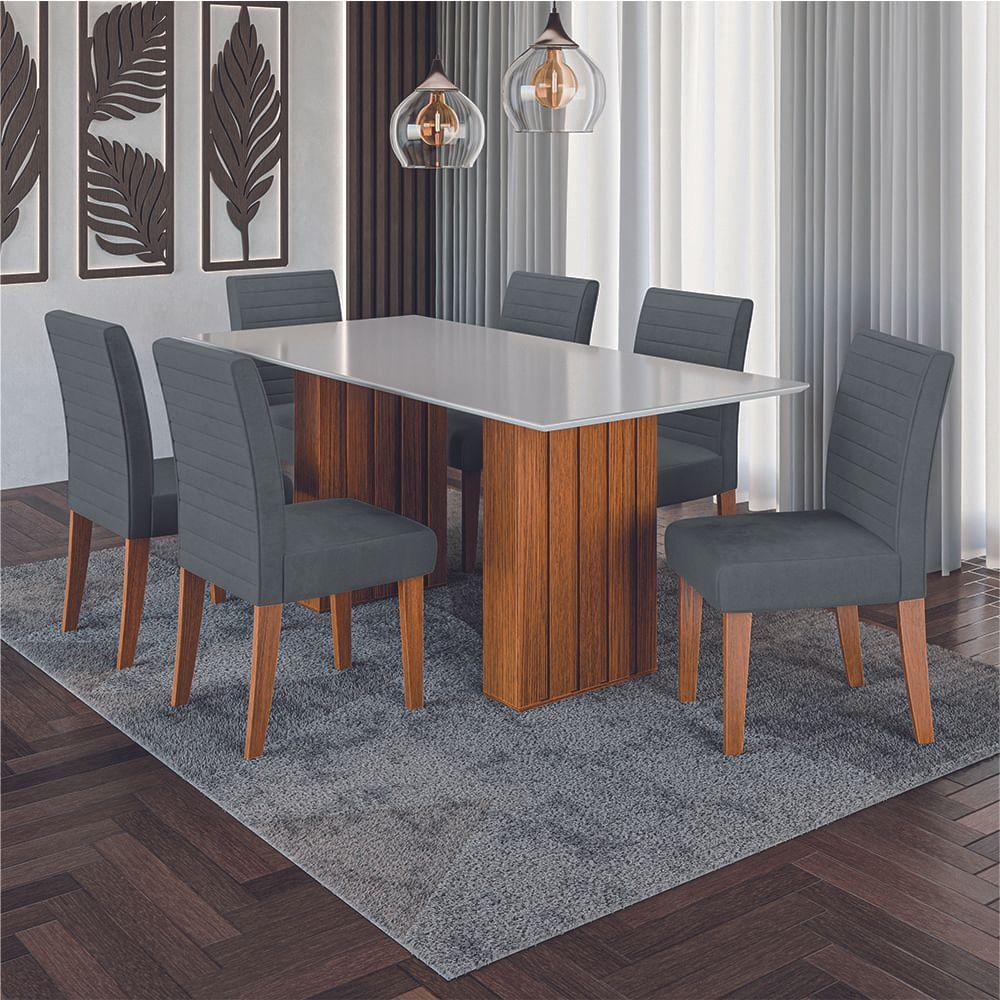 Conjunto De Mesa Sala De Jantar Ripada Tampo Com Vidro Santiago 1,80m 6 Cadeiras Creta Dobuê Madeirado/grafite - 2