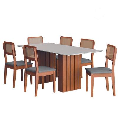 Conjunto De Mesa Sala De Jantar Ripada Tampo Com Vidro 1,80m 6 Cadeiras Santiago Dobuê Madeirado / Cinza