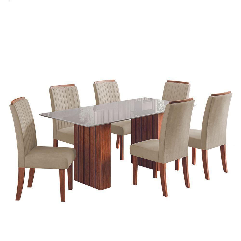 Conjunto De Mesa Sala De Jantar Ripada Tampo Com Vidro Santiago 1,80m 6 Cadeiras Grécia Dobuê Madeirado / Bege - 1