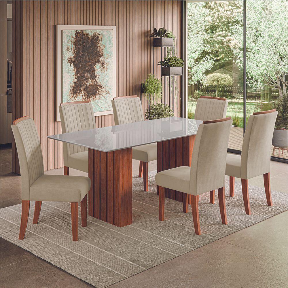 Conjunto De Mesa Sala De Jantar Ripada Tampo Com Vidro Santiago 1,80m 6 Cadeiras Grécia Dobuê Madeirado / Bege - 2