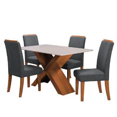 Conjunto de Jantar Grécia 4 Lugares Tampo em MDF com Vidro Amadeirado Grafite 136cm