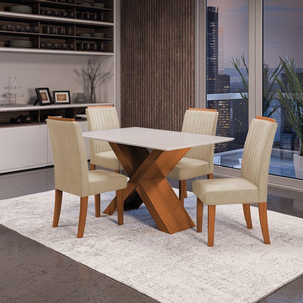 Conjunto Mesa De Jantar 4 Cadeiras Grécia Tampo De Vidro 1,36m - Dobuê- Madeirado / Bege - 2