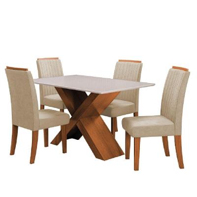 Conjunto de Jantar Grécia 4 Lugares Tampo de Vidro com Cadeiras Estofadas Amadeirado 136cm