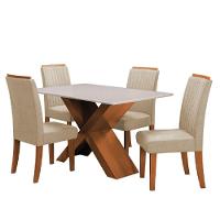 Conjunto Mesa De Jantar 4 Cadeiras Grécia Tampo De Vidro 1,36m - Dobuê- Madeirado / Bege - 1