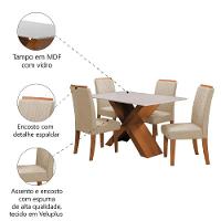 Conjunto Mesa De Jantar 4 Cadeiras Grécia Tampo De Vidro 1,36m - Dobuê- Madeirado / Bege - 5
