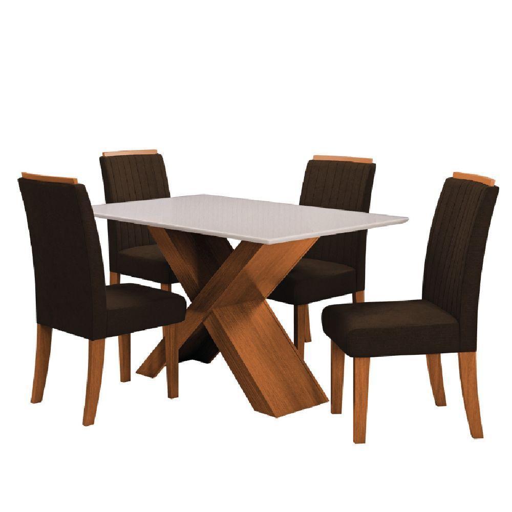 Conjunto Mesa De Jantar 1,36m Com Tampo De Vidro E 4 Cadeiras Grécia - Dobuê - Madeirado/Chocolate - 1