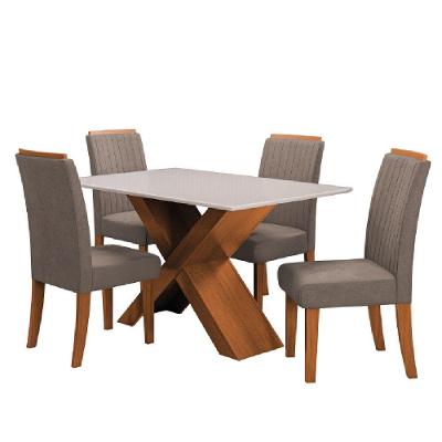Conjunto de Jantar Grécia Dobuê 4 Lugares Tampo de Vidro com Cadeiras Veludo Amadeirado 136cm