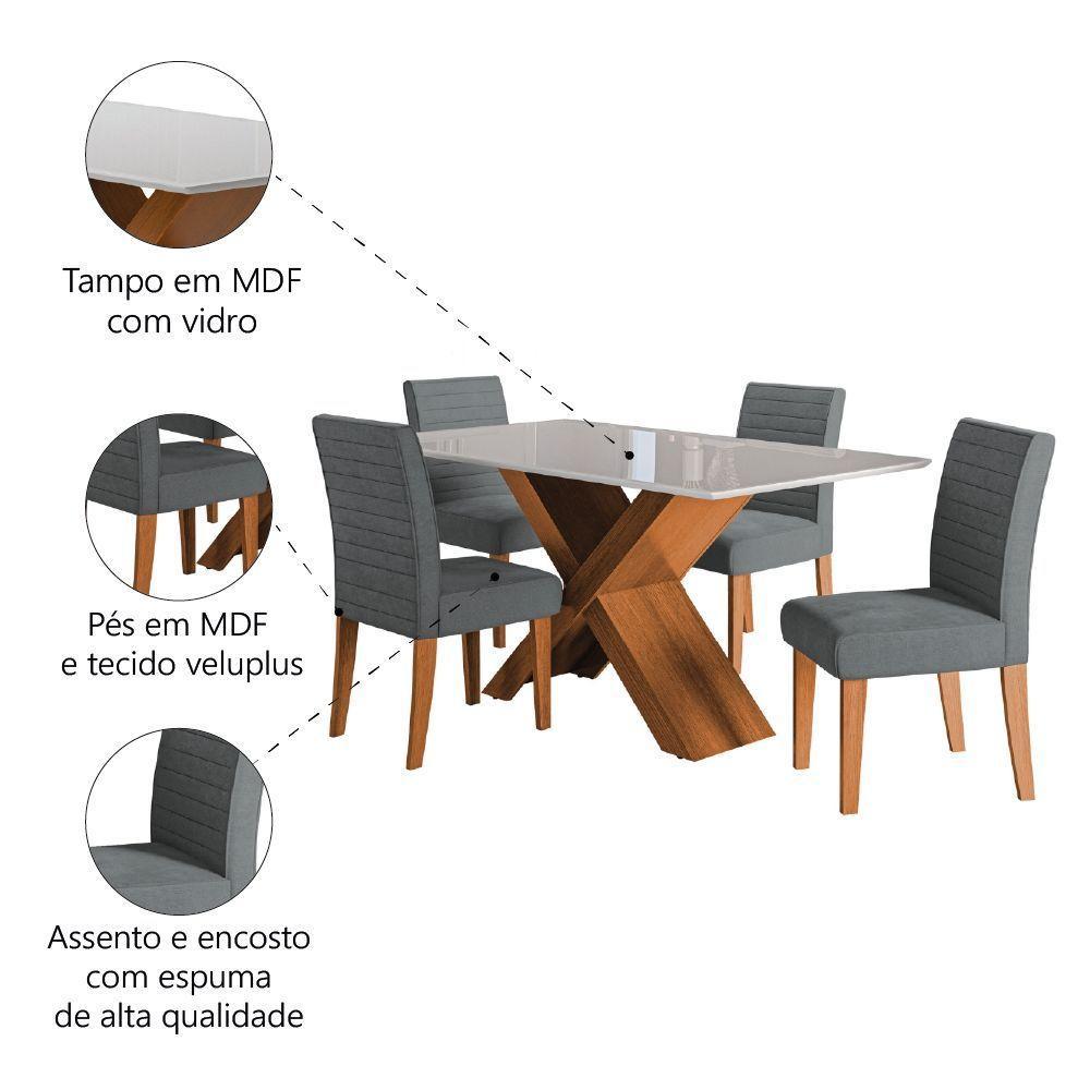 Conjunto de Mesa Sala de Jantar com Tampo de Vidro 1,36m Grécia 4 Cadeiras Creta Dobuê - Madeirado/Grafite - 5