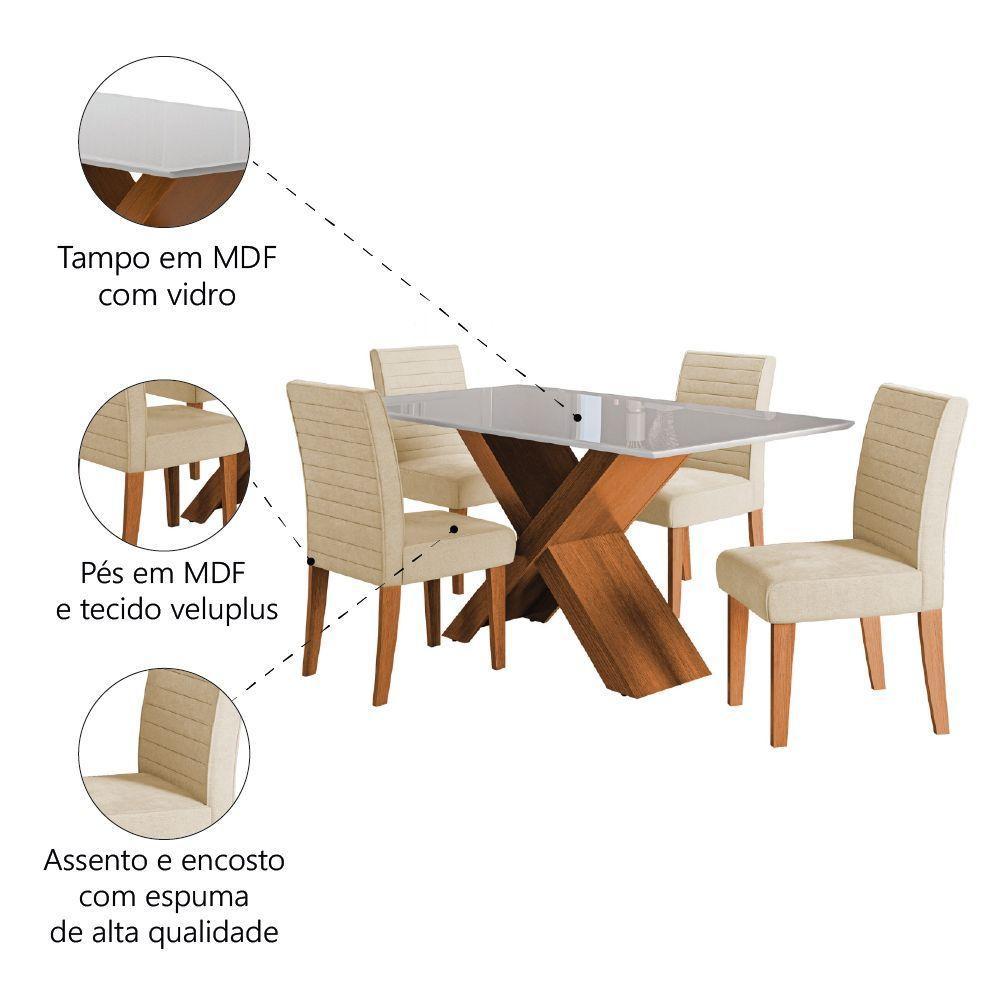 Conjunto de Mesa Sala de Jantar Grécia com Tampo de Vidro 1,36 m e 4 Cadeiras Creta Dobuê – Madeirado / Bege - 5
