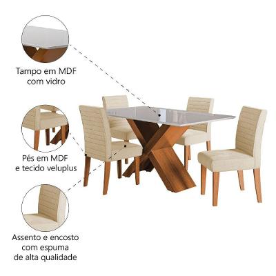 Conjunto de Mesa Sala de Jantar Grécia com Tampo de Vidro 1,36 m e 4 Cadeiras Creta Dobuê – Madeirado / Bege