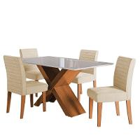 Conjunto de Mesa Sala de Jantar Grécia com Tampo de Vidro 1,36 m e 4 Cadeiras Creta Dobuê – Madeirado / Bege - 1