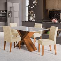 Conjunto de Mesa Sala de Jantar Grécia com Tampo de Vidro 1,36 m e 4 Cadeiras Creta Dobuê – Madeirado / Bege - 2