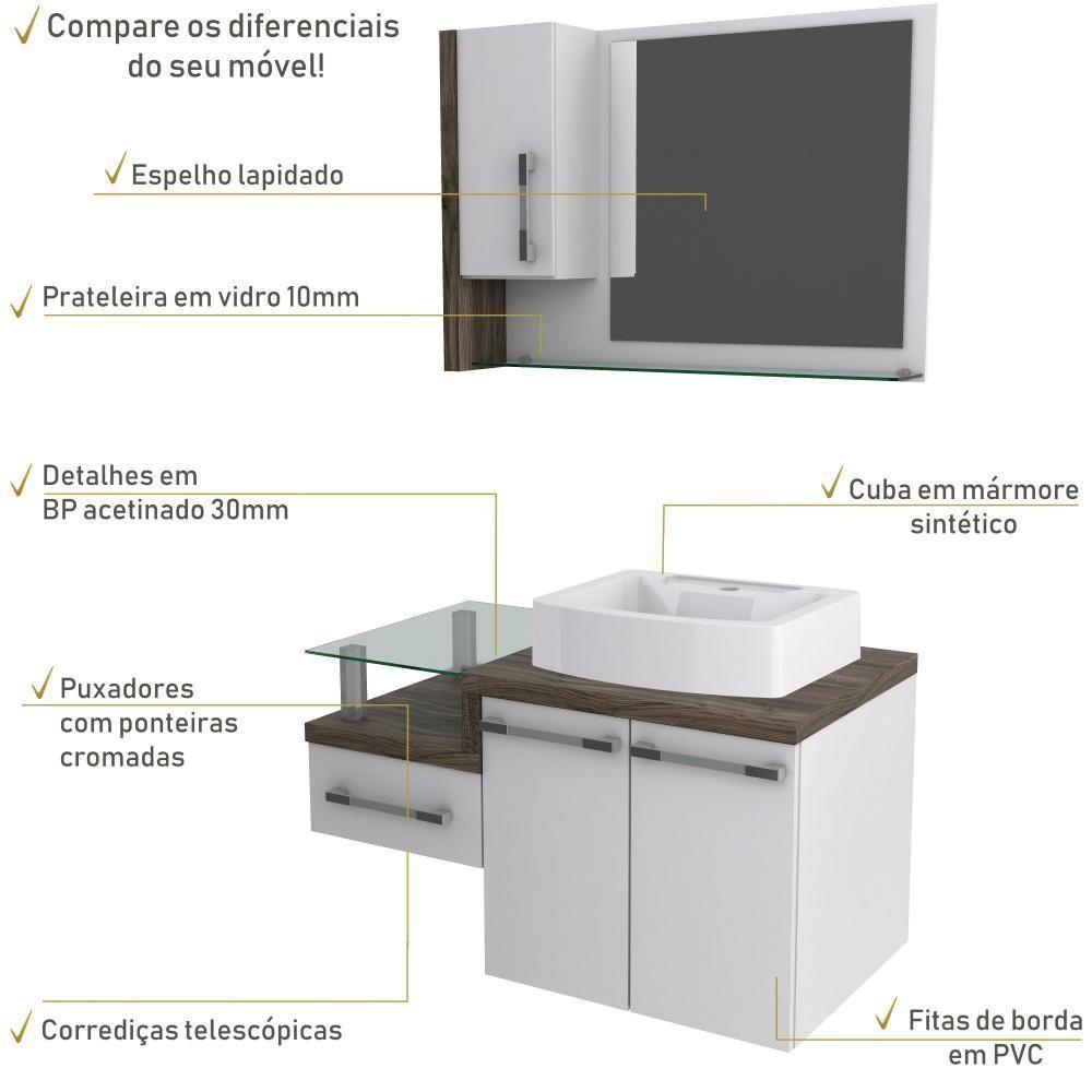 Conjunto Balcão C-cuba Aria 41 E Espelheira Legno 830 Branco Chess C-carvalho Branco Chess C-carvalho Dark - 5