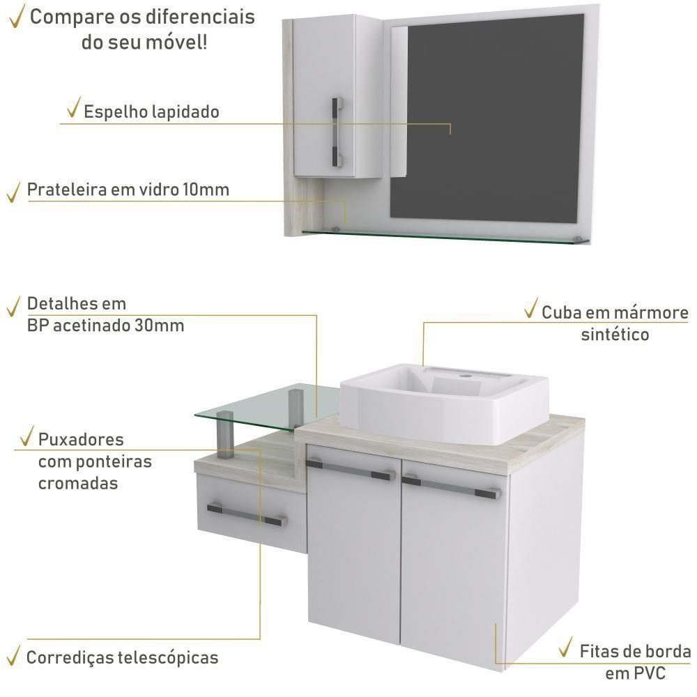 Conjunto Balcão C-cuba Aria 41 E Espelheira Legno 830 Branco Chess C-preto ônix Branco Chess C-snow - 5