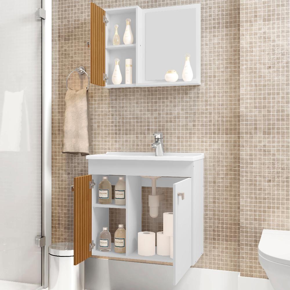 Gabinete Espelheira E Cuba Branca 70cm Munique Bechara Branco Ripado - 4