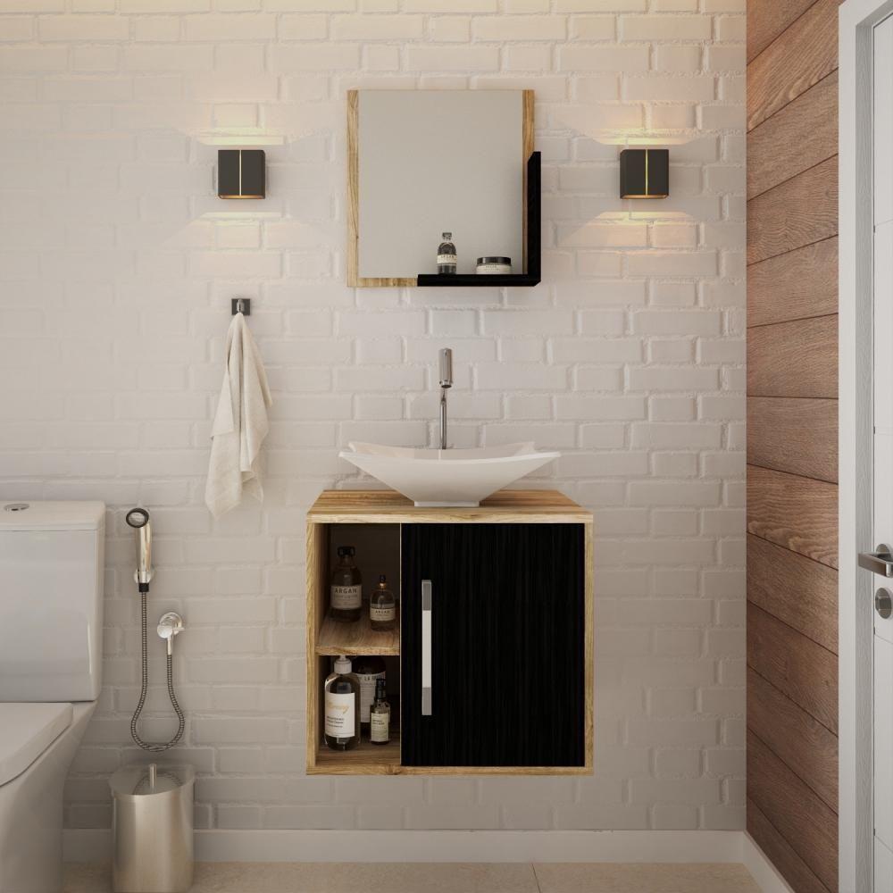 Conjunto Balcão C-cuba L38 E Espelheira Soft 500 Carvalho C-branco Chess Carvalho C-preto ônix - 1