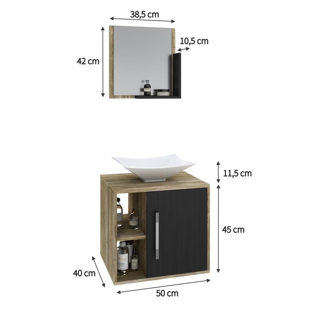 Conjunto Balcão C-cuba L38 E Espelheira Soft 500 Carvalho C-branco Chess Carvalho C-preto ônix - 4