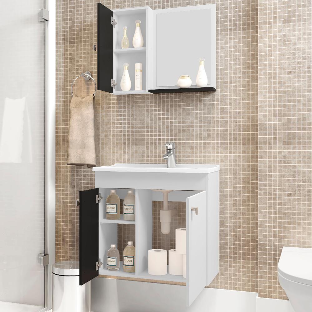 Gabinete Espelheira E Cuba Branca 70cm Munique Bechara Branco Preto - 4