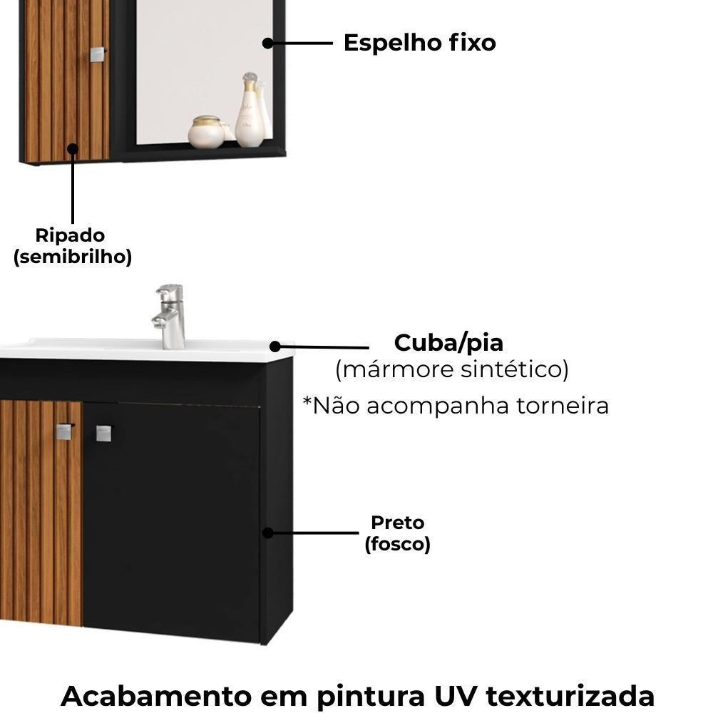 Gabinete Espelheira E Cuba Branca 70cm Munique Bechara Preto Fosco Ripado - 5