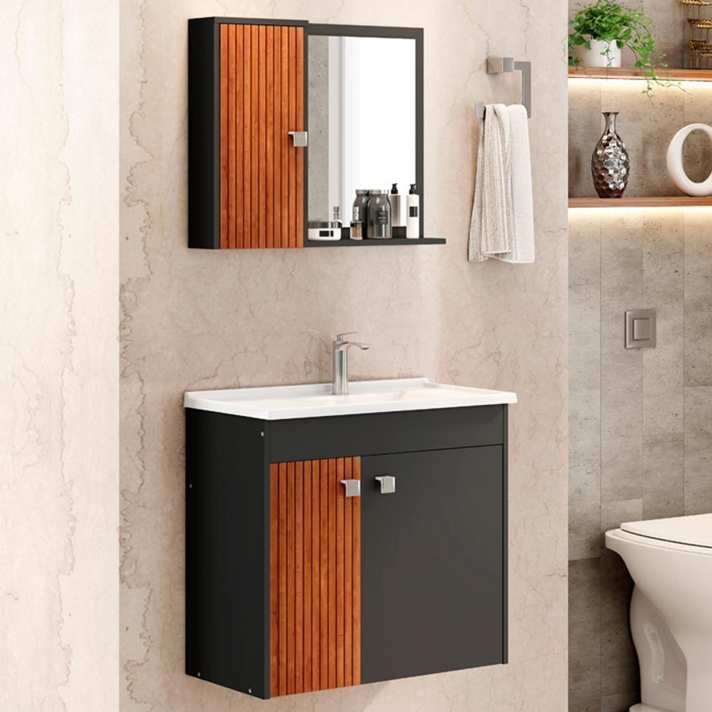 Gabinete Espelheira E Cuba Branca 70cm Munique Bechara Preto Fosco Ripado - 6