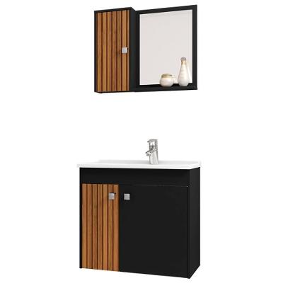 Gabinete Espelheira E Cuba Branca 70cm Munique Bechara Preto Fosco Ripado