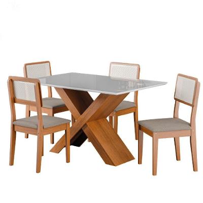 Conjunto de Mesa Grécia 4 Lugares Tampo em MDF e Vidro com Cadeiras Santiago Amadeirado e Off White
