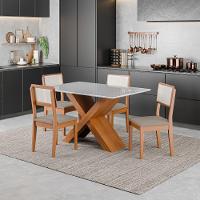 Conjunto de Mesa Sala de Jantar Grécia 1,36m com Tampo de Vidro e 4 Cadeiras Santiago – Dobuê - Madeirado / Off White - 2