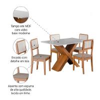 Conjunto de Mesa Sala de Jantar Grécia 1,36m com Tampo de Vidro e 4 Cadeiras Santiago – Dobuê - Madeirado / Off White - 6
