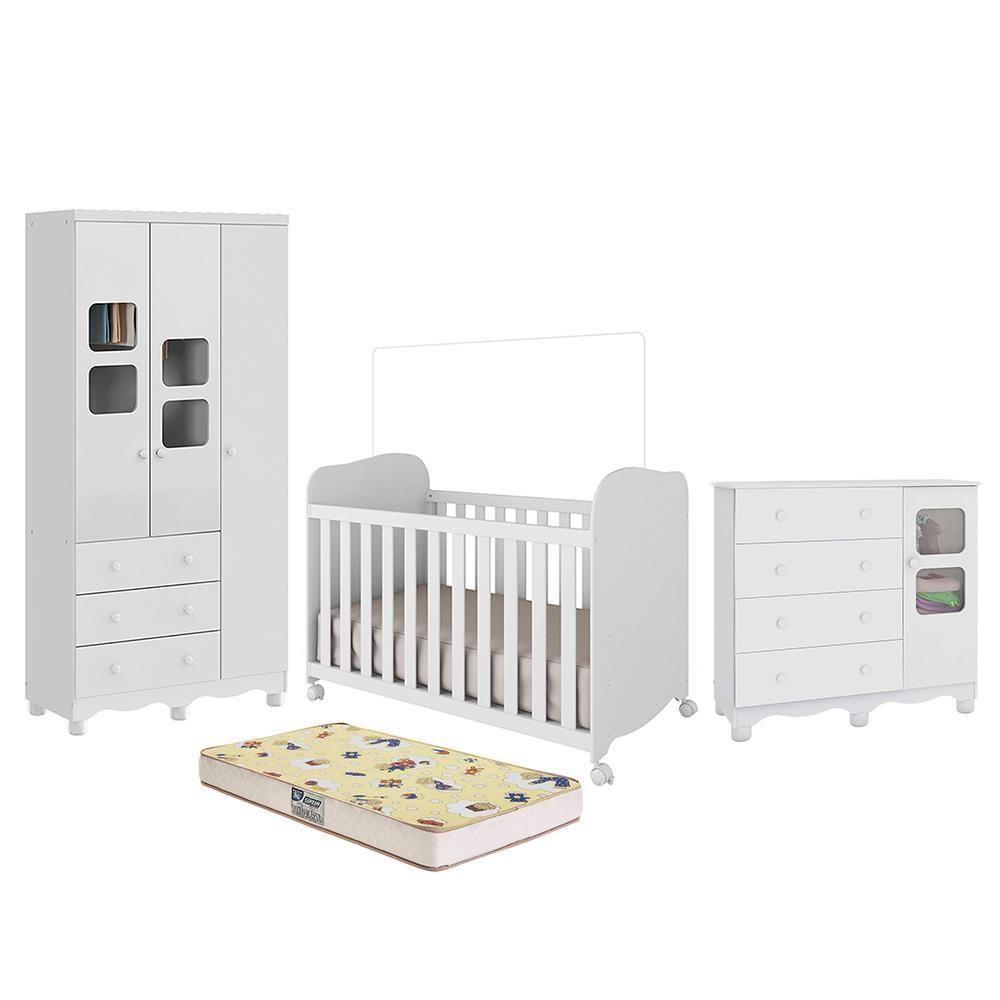 Dormitório Uli Guarda Roupa 3 Portas, Cômoda E Berço Branco Brilho Com Colchão Supreme - Móveis Peroba - 1