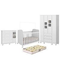 Dormitório Uli Guarda Roupa 4 Portas, Cômoda E Berço Branco Brilho Com Colchão Supreme - Móveis Peroba - 1