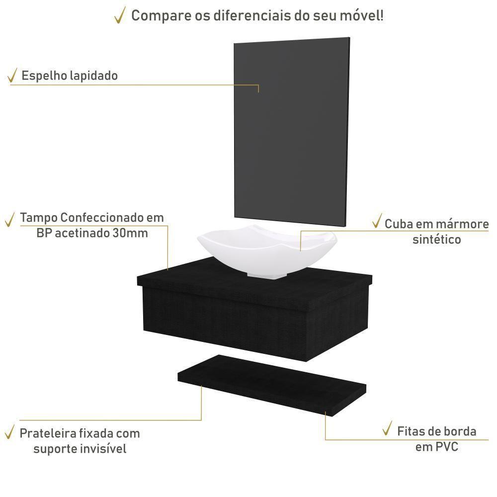 Conjunto Bancada C-cuba L42, Prateleira E Espelheira Metrópole 606 Nogal Preto ônix - 3